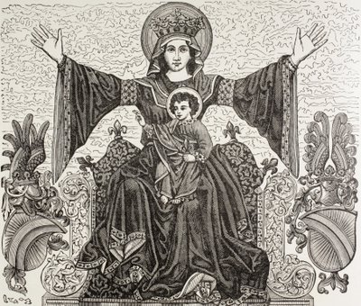 Strasbourgin kaupungin vanha lippu, Ranska. Siinä on Neitsyt Marian kuva, jolle kaupunki omistettiin 13. vuosisadalla. Lippu tuhoutui vuonna 1870 pommituksen aikana. tekijältä Paul Lacroix