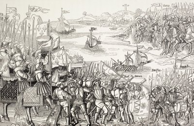 Ristiretkeläisten maihinnousu Egyptin Damiettaan vuonna 1249 seitsemännen ristiretken aikana. tekijältä Paul Lacroix