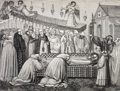 Pyhän Benedictus Nursian eli San Benedetto Da Norcian kuolema, 480-547, Monte Cassinon luostarissa. tekijältä Paul Lacroix