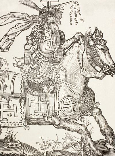 Godfrey Of Bouillon, n. 1060 - 1100, keskiaikainen frankkien ritari. Ensimmäisen ristiretken johtaja. Tässä hänet nähdään kruunattuna Kristuksen kärsimysvälineillä. 1400-luvun puupiirroksen mukaan. tekijältä Paul Lacroix