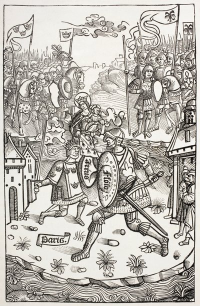 Kuningas Artus eli Arthur taistelee jättiläistä vastaan neitsyen suojeluksessa. Alain Bouchardin vuonna 1514 julkaiseman Chroniques De Bretagne -teoksen puupiirroksen mukaan. tekijältä Paul Lacroix