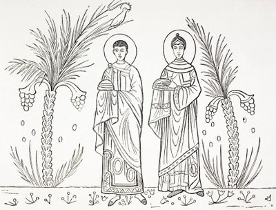 Pyhä Cecilia ja hänen miehensä Valerianus. Roomassa sijaitsevassa Pyhän Cecilian kirkossa säilytetyn 3. tai 4. vuosisadan mosaiikin mukaan. tekijältä Paul Lacroix