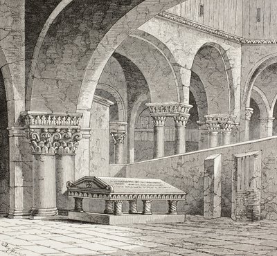 Godfrey De Boullonin hauta, noin 1060-1100, sellaisena kuin se oli Jerusalemin Pyhän haudan kirkossa. Hauta on nyt tuhottu. Paikalla vuonna 1828 tehdyn piirroksen mukaan. tekijältä Paul Lacroix