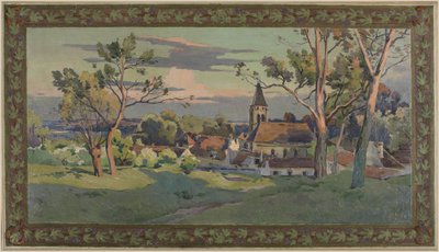 Luonnos Thiaisin kaupungintaloa varten: kylä ja kirkko, noin 1902 (öljy kankaalle). tekijältä Paul Léon Felix (attr. to) Schmitt