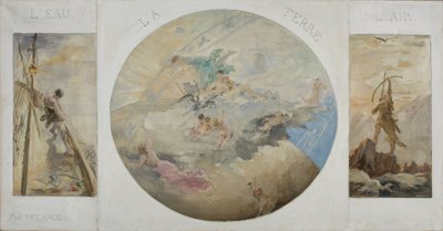 Luonnos Hôtel de Villen ruokasalista Pariisissa: Vesi, maa, ilma, vuosina 1891-1892 (öljy kankaalle). tekijältä Paul Louis Delance