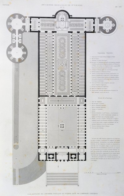 Keisari Konstantinuksen rakentaman vanhan basilikan entisöity pohjaratkaisu, kaiverrus Vatikaanista ja Pietarinkirkosta tekijältä Paul Marie Letarouilly