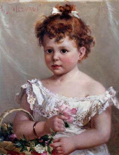 Tyttö korissa eli Helene Loeb, tuleva Madame Victor Lyon, kaksivuotiaana Paul Merwartin (1855-1902) maalaus 1800-luvun aurinko. 0,46x0,38 m tekijältä Paul Merwart