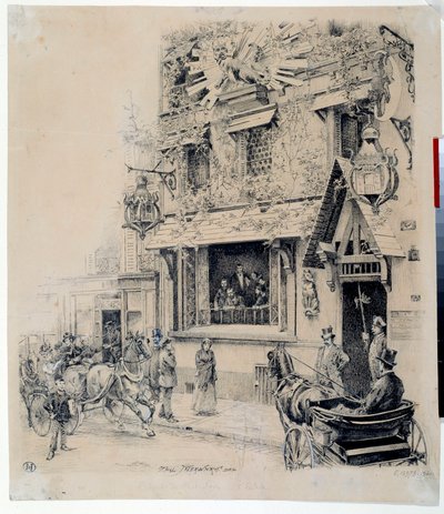 Näkymä Cabaret du Chat Noirin sisäänkäynnistä. Mustepiirustus Paul Merwart (1855-1902) 1800-luvun Pariisi, Musee Carnavalet tekijältä Paul Merwart