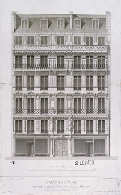 Suunnittelu Haussmann-tyyliselle kerrostalolle rue de la Paixille, Pariisi, n. 1860 tekijältä Paul Mesnard