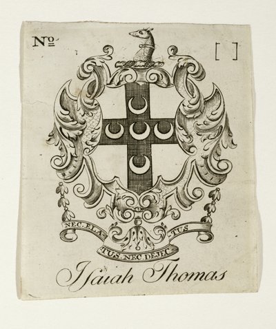 Kirjakilpi Isaiah Thomasille (1749-1831), n. 1765-1770 (kaiverrus paperille) tekijältä Paul Revere