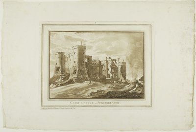 Carey Castle Pembroke Shiressa, Aquatintan Twelve Views -kuvasta Etelä-Walesin paikan päällä tehdyistä piirustuksista tekijältä Paul Sandby