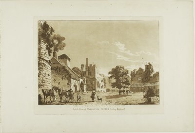 Chepstowin linnan sisäpuolinen näkymä itään, levy viisi teoksesta Twelve Views in Wales (Kaksitoista näkymää Walesissa) tekijältä Paul Sandby