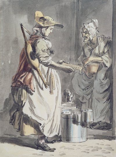 London Cries: A Milkmaid, n. 1759 (kynä ja sivellin, akvarelli ja grafiitti paperille) tekijältä Paul Sandby