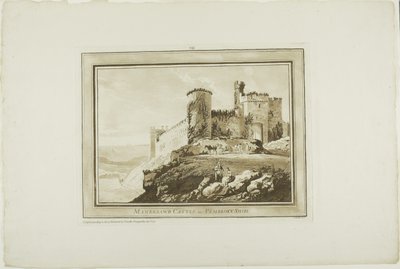 Manorbier Castle Pembrokeshiressä, Aquatintan Twelve Viewsista Etelä-Walesin paikan päällä tehdyistä piirustuksista tekijältä Paul Sandby