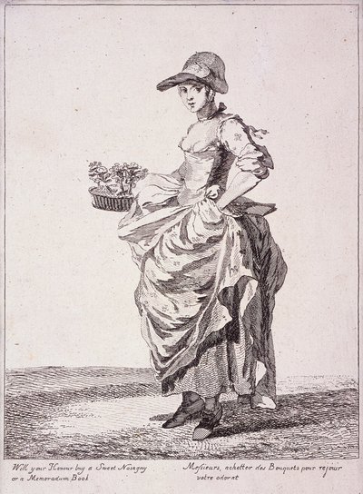 Nosegay ja muistiokirjojen myyjä, Cries of London, 1760 tekijältä Paul Sandby