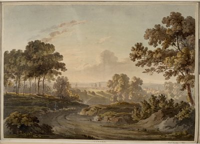 Oxford [grafiikka]. Paimen paimen lampaita tiellä kohti Oxfordia, joka näkyy auringonlaskun hehkun valaisemassa horisontissa. tekijältä Paul Sandby