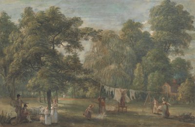 Thomas Sandbyn talon puutarha Englefield Greenissä lähellä Windsoria tekijältä Paul Sandby