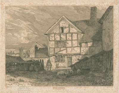 Wolverhampton - Puurakenteisen talon rauniot: teräskaiverrus, nd [c 1815] tekijältä Paul Sandby Munn