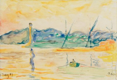 Sisäänkäynti Saint-Tropezin satamaan auringonlaskun aikaan tekijältä Paul Signac