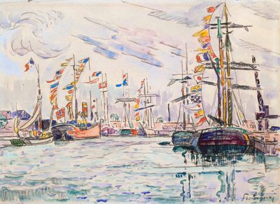 Purjeveneet juhlalipuilla Saint-Malon laiturilla 1920-luvulla. tekijältä Paul Signac