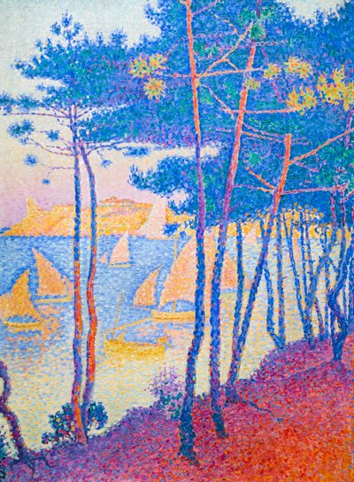 Purjeveneet ja mäntypuut, c. 1896 (öljy kankaalle) tekijältä Paul Signac