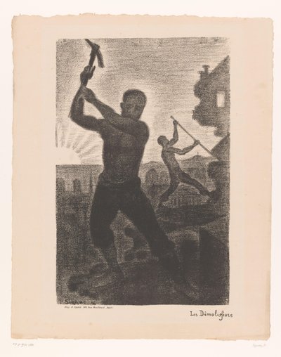 Kaksi miestä purkaa rakennuksen Les demoliseurs (nimi esineessä) tekijältä Paul Signac