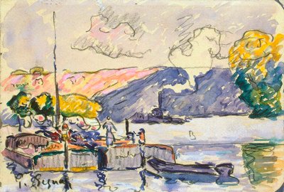Kaksi proomua, vene ja hinaaja Samoisissa, c1900. tekijältä Paul Signac