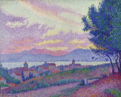Näkymä Saint-Tropeziin, auringonlasku mäntymetsän yli, 1896. tekijältä Paul Signac