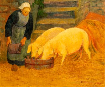 Nuori tyttö ruokkimassa kahta sikaa, 1889 tekijältä Paul Sérusier