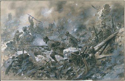 Primera Guerra Mundial (1914-1918): "" Un contraatac al poble de Vaux el 1916 al front de Verdun""" Aquarel·la de Paul Thiriat París. Musee, Des deux guerre mondiale DR - Contraatac francès al poble de Vaux prop de Verdunfinnish tekijältä Paul Thiriat