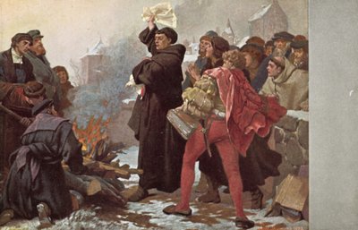 Martin Luther poltti paavin bullan ja uhkasi häntä ekskommunikaatiolla Elstertorin edessä Wittenbergissä, Saksassa, 10. joulukuuta 1520 tekijältä Friedrich Paul Thumann
