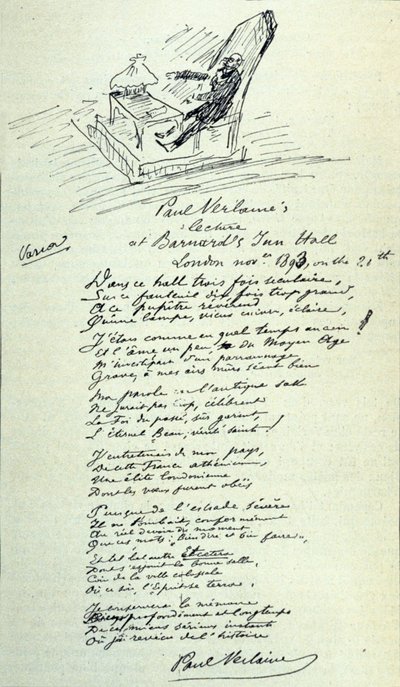 Ranskalaisen runoilijan Paul Verlainen (1844-1896) runokyltti, jossa on luonnos edustajasta lukemisen aikana. 21/11/1893 tekijältä Paul Verlaine