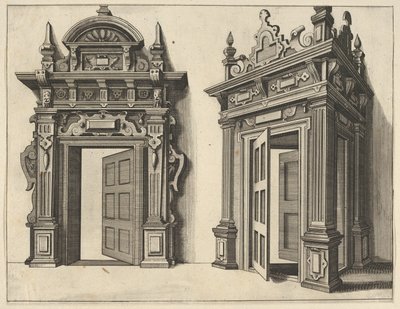 Kaksi puista portaalia Verscheyden Schrynwerckiltä ... [Plusieurs Menuiseries ...], 1658. tekijältä Paul Vredeman de Vries