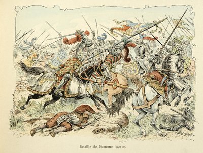 Kuvitus otettu Theodore Cahun kirjasta "Histoire du chevalier Bayard", kuvittanut Paul De Semant (1855-1915): Fornouan taistelu 1495 tekijältä Paul de Semant