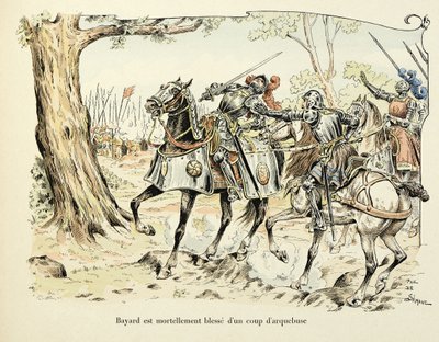 Kuvitus otettu Theodore Cahun kirjasta "Histoire du chevalier Bayard", kuvittanut Paul De Semant (1855-1915): Bayard haavoi kuolettavia arquebuse 1524 -laukauksella tekijältä Paul de Semant