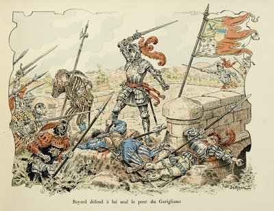 Kuvitus otettu Theodore Cahun kirjasta "Histoire du chevalier Bayard", kuvittanut Paul De Semant (1855-1915): Bayard puolustaa vain Gariglianon siltaa 1504 tekijältä Paul de Semant