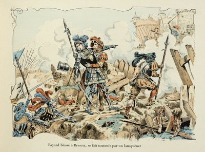 Kuvitus otettu Theodore Cahun kirjasta "Histoire du chevalier Bayard", kuvittanut Paul De Semant (1855-1915): Bayard haavoi Bresciaa, jota tukee lansquenet 1512 tekijältä Paul de Semant