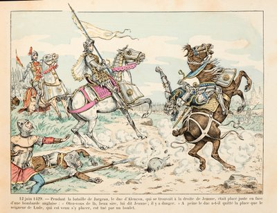 Kuva otettu Theodore Cahun kirjasta "" Jeanne of Arc " ja kuvittanut Paul De Semant (1855-1915): 12. kesäkuuta 1429 Luden herra tappaa pallolla Jargeaun taistelun aikana ennen Jeanne d