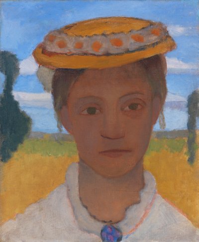 Taiteilijasisar Herma koirankakkaraseppeleellä hatussa, n. 1901. tekijältä Paula Modersohn Becker