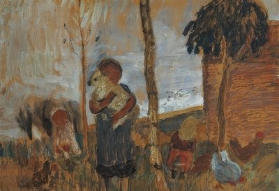 Lapset ja kanat maiseman edessä. Noin 1902 tekijältä Paula Modersohn Becker