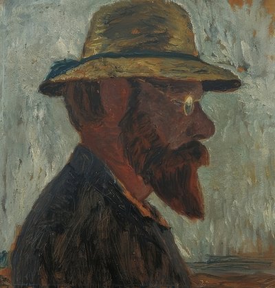 Otto Modersohn olkihattu profiilissa oikealla. Noin 1905 tekijältä Paula Modersohn Becker