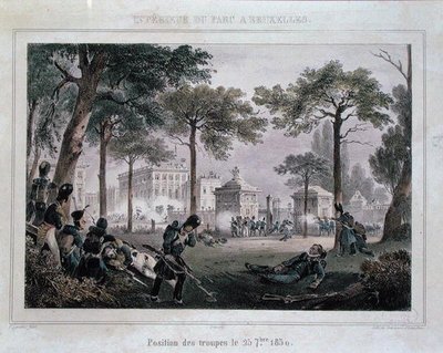 Joukot Parc Royalissa, Brysselissä, 25. syyskuuta 1830, kaiverrus Dewasme-Pletinckx (väri litho) tekijältä Paulus (after) Lauters