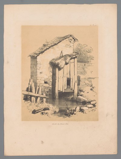 Näkymä navetta veden päällä Forêt (otsikko esineessä) Paulus Lautersin maalaukselliset kasvot (sarjan nimi) Etrennes pittoresques pour 1839, par Lauters (sarjan nimi) tekijältä Paulus Lauters