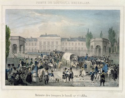 Porte de Louvain, Bryssel: Hollantilaisten joukkojen vetäytyminen, 27. syyskuuta 1830, kaiverrus Dewasme-Pletinckx tekijältä Paulus Lauters
