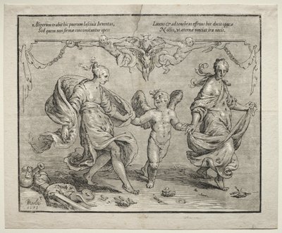 Amor tanssii kahden allegorisen naisen kanssa, 1612. tekijältä Paulus Moreelse