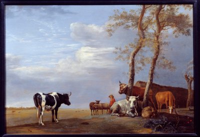 Maisema talonpojan ja eläinten kanssa. Paul Potterin (1625-1654) maalaus Ec. Hol. tekijältä Paulus Potter