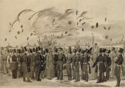 Suurruhtinas Mihail Pavlovich vierailee Suomen Hengenvartijarykmentin leirillä 8.7.1837.1837 tekijältä Pavel Andreevich Fedotov