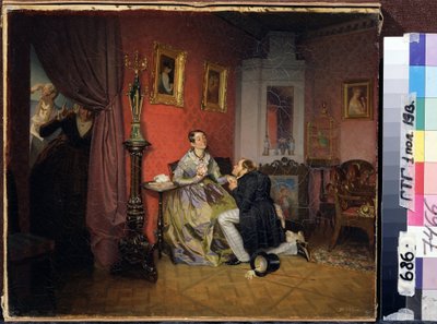 Monimutkainen morsian (Difficult Bride). Kohtaus porvarillisessa sisäpihassa, jossa mies polvistuu naisen edessä, kenties kerjäämässä tätä naimisiin. Kaksi palvelijaa kuuntelee keskustelua verhon taakse piilossa. Pavel Andrejevitšin maalaus tekijältä Pavel Andreevich Fedotov