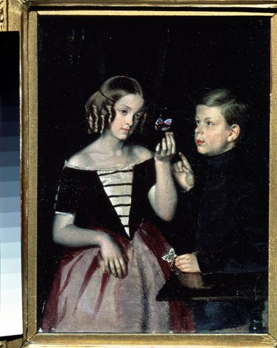""Muotokuva kahdesta gerbiinilapsesta miettimässä perhosta"" Pavel Fedotovin (1815-1852) maalaus noin 1851 Venäjän valtionmuseo, Pietari tekijältä Pavel Andreevich Fedotov