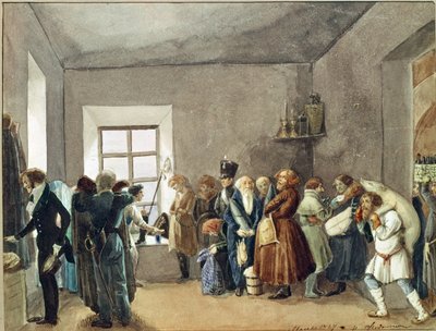 Poliisipäällikön vastaanottohuone lomaa edeltävänä iltana. Pavel Andrejevitš Fedotovin (1815-1852) työ, akvarelli, tussi ja kynä paperille tekijältä Pavel Andreevich Fedotov